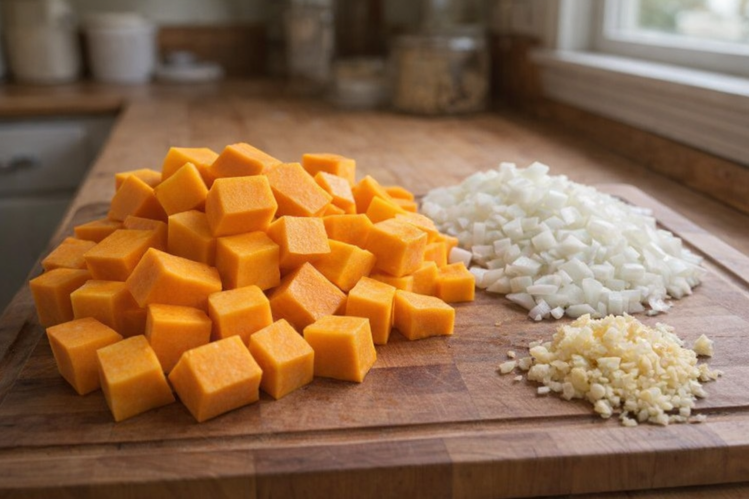 A close-up shot of peeled and cubed butternut squash on a wooden cutting board, next to a diced onion and minced garlic